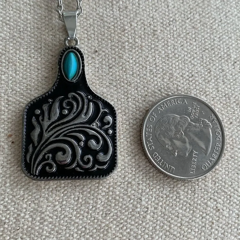 Men’s Western Cow Tag Pendant Necklace Silver Tone with Turquoise Accent